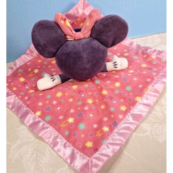 Disney Minnie Mouse Baby Blanket Lovey Rattle Pink Satin Shooting Stars Toy - Picture 7 of 8